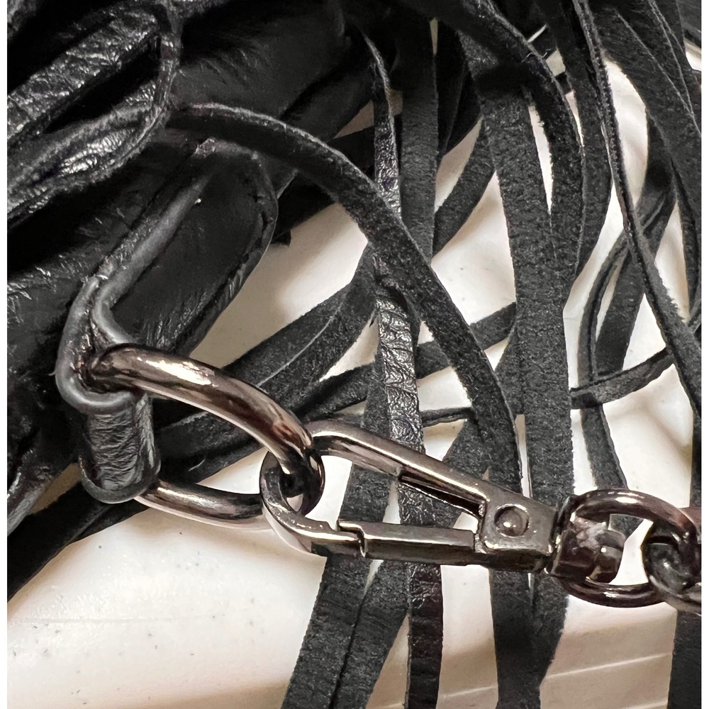 MMS Black Fringe Crossbody Bag Small Faux Leather Gunmetal Chain Boho Rockstar - Picture 11 of 11